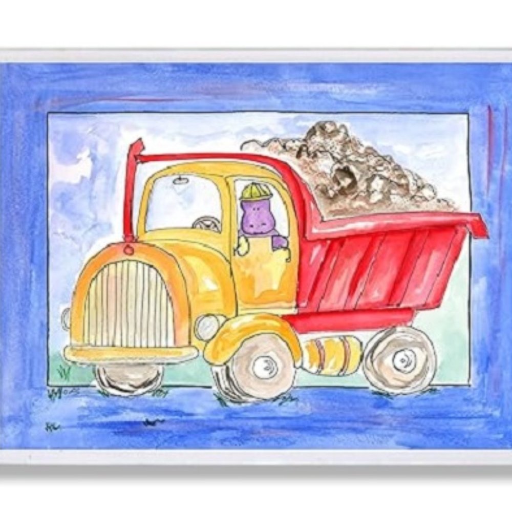 Stupell Red and Yellow Dump Truck with Blue Border Rectangle Wall Plaque